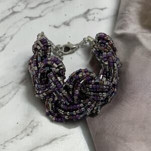Braided Seed Bead Bracelet in Purple & Silver | Twisted Statement Beaded Jewelry